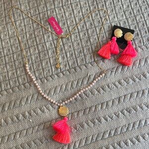 NWT Lilly Pulitzer Gold and Pink Tassel Necklace and Earring Set